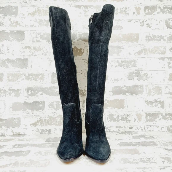 New Vince Camuto Perlanie Leather Black Pointy Toe Heel Knee Hight Boot T166 - Picture 7 of 13